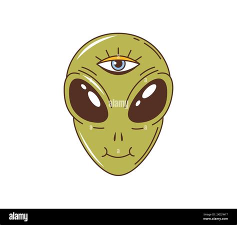 alien cartoon face|Retro groovy alien space character face or head with a single.